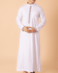 Men’s classic white thobe with black lattice embroidery strip and contrast cuff trim front view