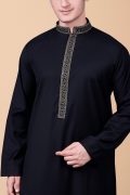 jet black thobe with gold geometric embroidered placket and collar