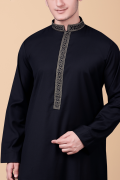 jet black thobe with gold geometric embroidered placket and collar