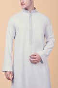 pure white thobe with silver geometric embroidered placket and collar