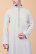 pure white thobe with silver geometric embroidered placket and collar