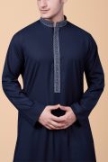 navy blue thobe with silver geometric embroidery strip and collar