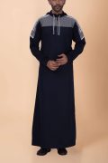 Men wearing navy blue hooded thobe with grey panel, white stripe design and zip front hood