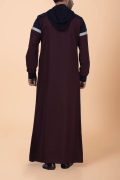Men wearing maroon hooded thobe with navy blue panel, grey stripe design and zip front neckline