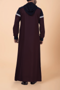 Men wearing maroon hooded thobe with navy blue panel, grey stripe design and zip front neckline