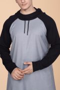 Men wearing light grey hooded thobe with black sleeves and hood minimalist Islamic wear
