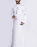 White thobe with beige floral embroidery strip and band collar for men
