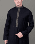 front upper view of jet black thobe with gold geometric embroidered placket
