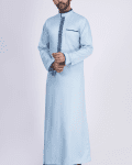 Light blue thobe with navy geometric embroidery strip and band collar for men