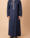 Navy blue Omani thobe with white geometric embroidery and tassel for men