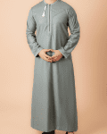Sage green Omani thobe with beige geometric embroidery and tassel for men