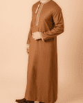 Coffee brown Omani thobe with beige geometric embroidery and tassel for men
