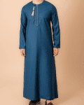 Teal blue Omani thobe with white geometric embroidery and tassel for men