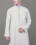 upper body angle view of pure white thobe with silver geometric embroidery strip