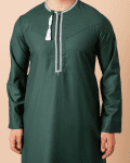 Dark green Omani thobe with white geometric embroidery and tassel for men