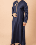 Navy blue Omani thobe with gold geometric embroidery and tassel for men