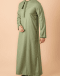 Light olive green Omani thobe with dark green geometric embroidery and tassel for men