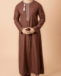 Coffee brown Omani thobe with white geometric embroidery and tassel for men