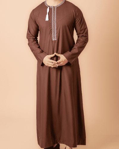 Coffee brown Omani thobe with white geometric embroidery and tassel for men