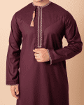 Maroon Omani thobe with white geometric embroidery and tassel for men