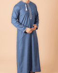 Steel blue Omani thobe with white loop embroidery and tassel for men