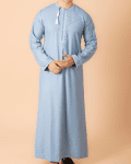 Light sky blue Omani thobe with white loop embroidery and tassel for men