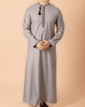 Light ash grey Omani thobe with black loop embroidery and tassel for men