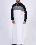 Men wearing white hooded thobe with black sleeves, grey chest panel, red stripe and zip front design