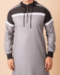 Men wearing light grey hooded thobe with black upper panel, white stripe design and zip front neckline