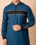 Men wearing teal blue hooded thobe with black chest panel, white stripe design and zip front neckline
