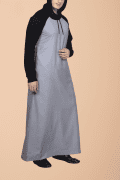 Men wearing light grey hooded thobe with black sleeves and hood minimalist Islamic wear