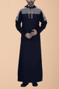 Men wearing navy blue hooded thobe with grey panel, white stripe design and zip front hood