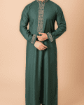 full length front view of emerald green thobe with gold floral embroidered placket collar and cuffs