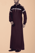 Men wearing maroon hooded thobe with navy blue panel, grey stripe design and zip front neckline