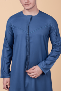 Steel blue Emirati thobe with tassel and subtle blue chest embroidery