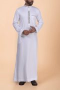 White thobe with beige floral embroidery strip and band collar for men