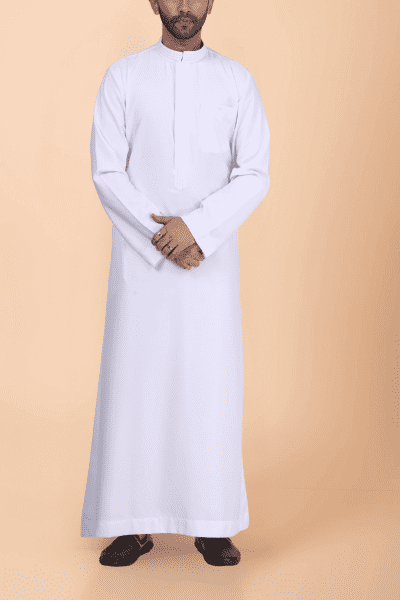 Classic White Plain Thobe with Band Collar