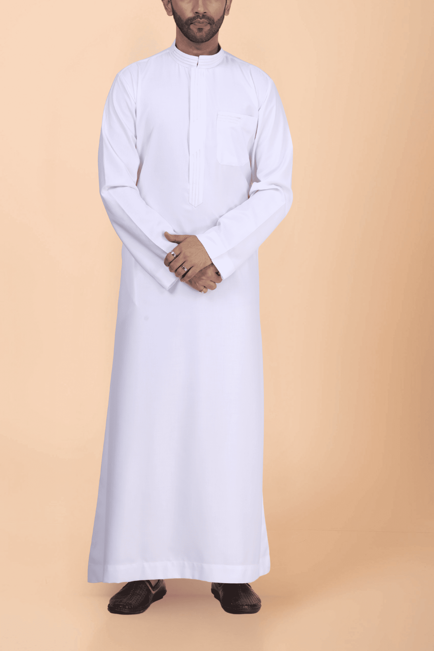 Classic White Plain Thobe with Band Collar
