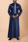 Navy blue thobe with white geometric embroidery strip and band collar for men