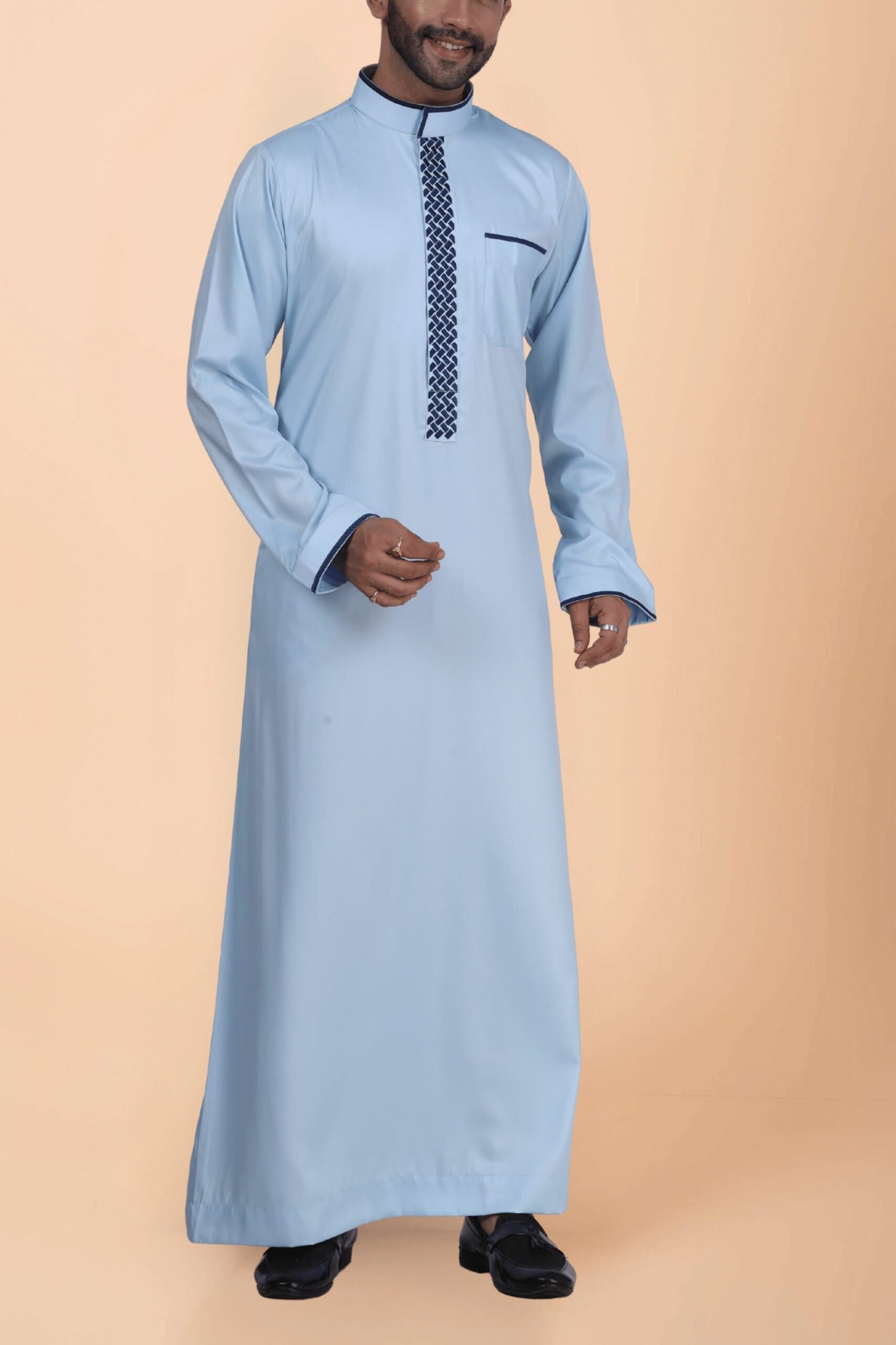 Light blue thobe with navy geometric embroidery strip and band collar for men