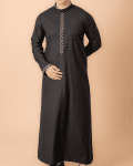Side view of black men’s thobe with white geometric embroidered placket
