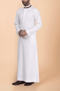 Off-white thobe with tonal embroidery strip and contrast band collar for men