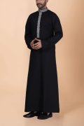 Black Thobe with Grey Geometric Embroidery Strip & Band Collar - Image 4