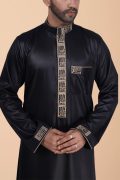 Black Designer Thobe with Gold Geometric Embroidery for Men