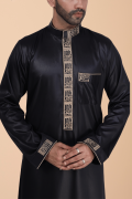 Black Designer Thobe with Gold Geometric Embroidery for Men