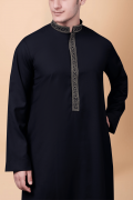 jet black thobe with gold geometric embroidered placket and collar
