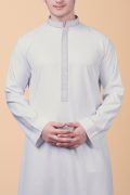 pure white thobe with silver geometric embroidered placket and collar