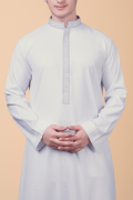 pure white thobe with silver geometric embroidered placket and collar