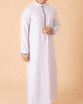 Men’s classic white thobe with black lattice embroidery strip and contrast cuff trim front view