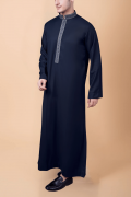navy blue thobe with silver geometric embroidery strip and collar